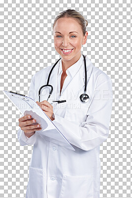 Buy stock photo Woman, portrait and doctor writing on clipboard for notes, healthcare administration and isolated on transparent png background. Happy surgeon with report of insurance checklist, documents and script