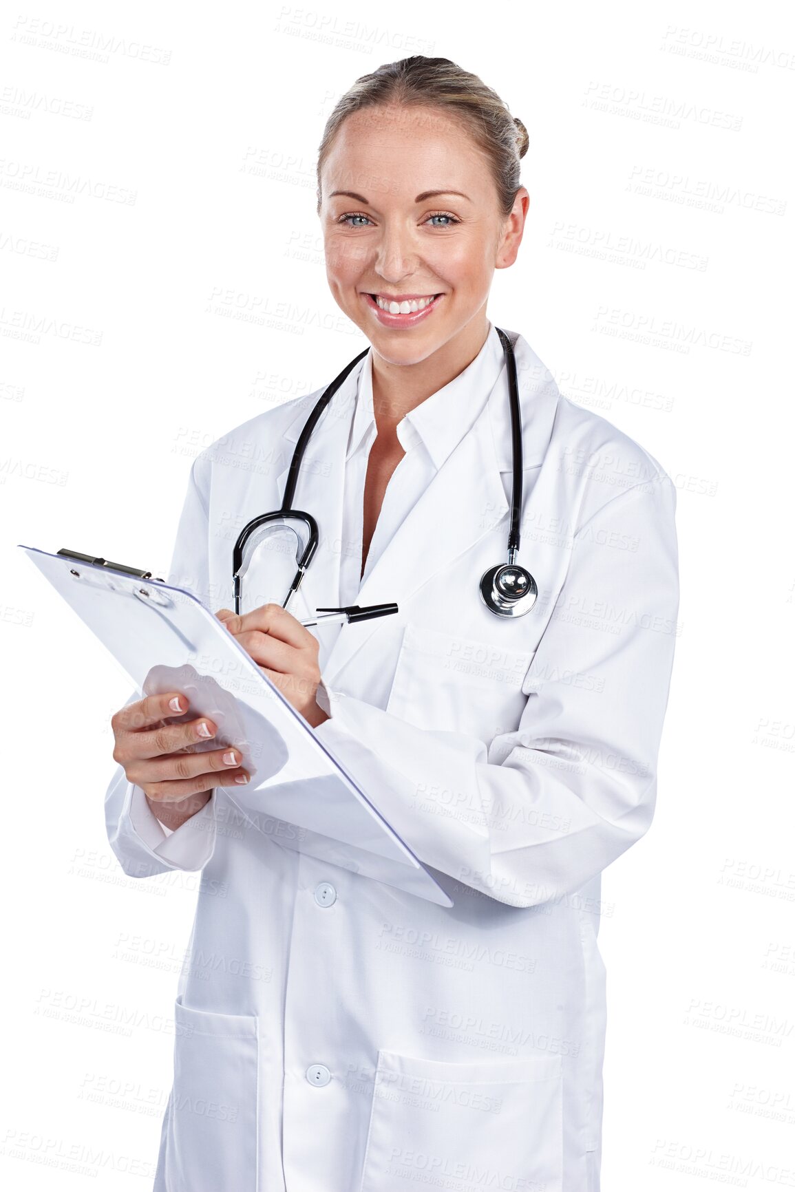 Buy stock photo Woman, portrait and doctor writing on clipboard for notes, healthcare administration and isolated on transparent png background. Happy surgeon with report of insurance checklist, documents and script