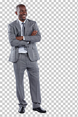 Buy stock photo Thinking, arms crossed and black man in business with vision, planning future or problem solving. Smile, dream or confident lawyer with inspiration, decision or isolated on transparent png background