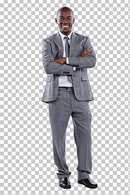 Buy stock photo Portrait, business and black man with arms crossed, smile and isolated on transparent png background. Suit, confidence or pride of professional entrepreneur, agent or corporate worker in South Africa