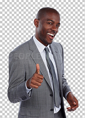 Buy stock photo Thumbs up, portrait and black man in business for success, winning deal or promotion isolated on transparent png background. Happy worker, emoji sign and like for feedback, vote or support excellence