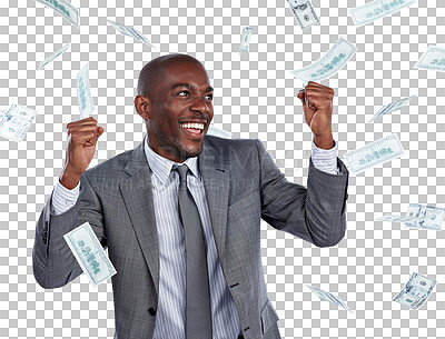 Buy stock photo Businessman, hands and celebrate money rain or happy bonus for lottery, work promotion or isolated transparent png background. Male person, cash reward and winner, company sale prize for wow profit