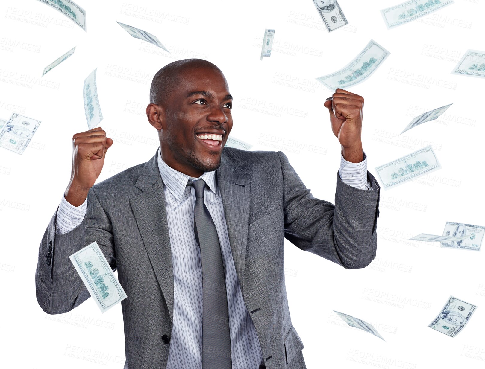 Buy stock photo Businessman, hands and celebrate money rain or happy bonus for lottery, work promotion or isolated transparent png background. Male person, cash reward and winner, company sale prize for wow profit