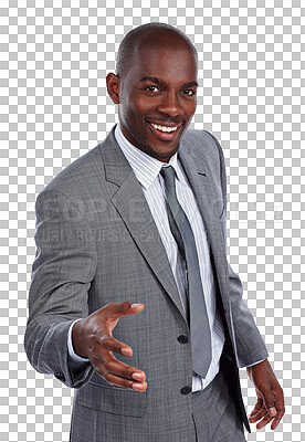 Buy stock photo Portrait, black man or offer handshake for business introduction, trust or recruitment isolated on transparent png background. Happy worker, welcome or shaking hands for agreement, HR deal or support