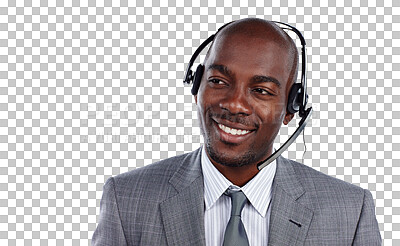 Buy stock photo Call center, man and smile for thinking, customer service and CRM questions isolated on transparent png background. African salesman, IT consultant and microphone for telecom help, contact and advice