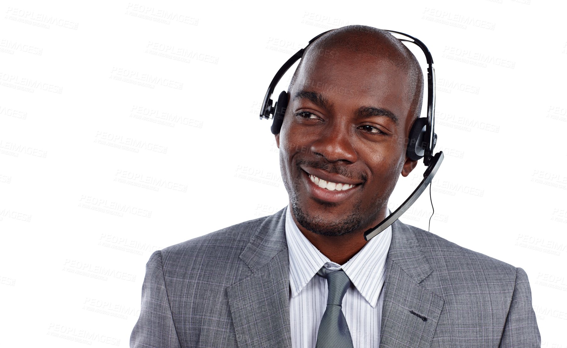 Buy stock photo Call center, man and smile for thinking, customer service and CRM questions isolated on transparent png background. African salesman, IT consultant and microphone for telecom help, contact and advice