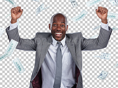 Buy stock photo Businessman, hands and celebrate money rain for cash bonus for lottery, work promotion or isolated transparent png background. Male person, bills reward and winner, company sale prize for wow profit