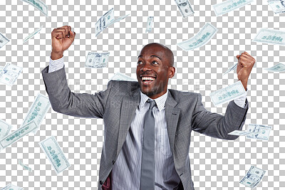 Buy stock photo Businessman, hands and winner money rain for cash bonus for lottery, work promotion or isolated transparent png background. Male person, bills reward and celebrate, company sale prize for wow profit