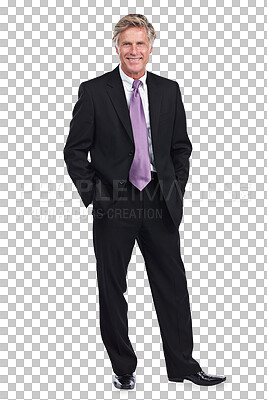 Buy stock photo Portrait, business man and mature ceo isolated on transparent png background. Suit, hands in pocket or happy professional entrepreneur, confident corporate executive or financial consultant in Canada