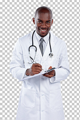 Buy stock photo Portrait, clipboard and happy black man, doctor and writing medical info, medicine prescription or healthcare checklist. Paperwork, clinic and African surgeon isolated on transparent, png background