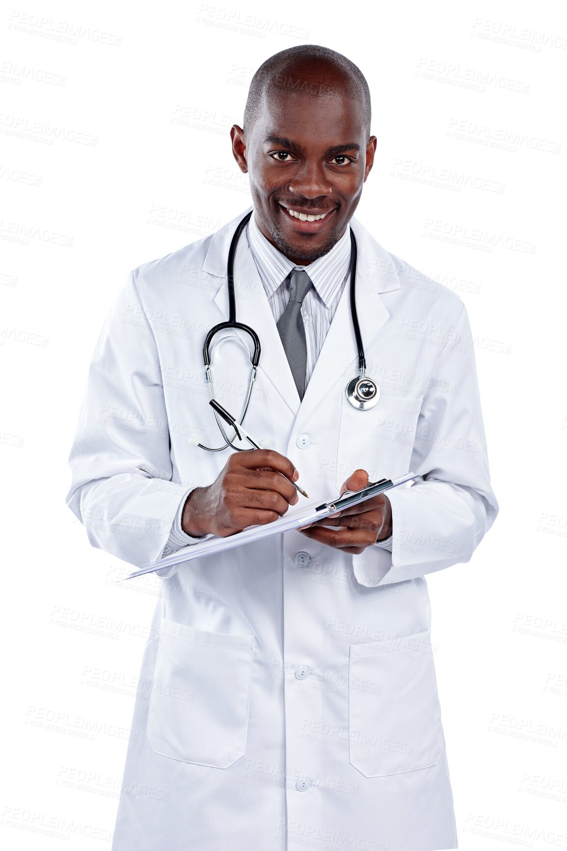 Buy stock photo Portrait, clipboard and happy black man, doctor and writing medical info, medicine prescription or healthcare checklist. Paperwork, clinic and African surgeon isolated on transparent, png background