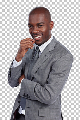 Buy stock photo Portrait, business and confident black man, happy and isolated on a transparent png background. Face, professional entrepreneur smile and agent, corporate employee or worker in suit in South Africa