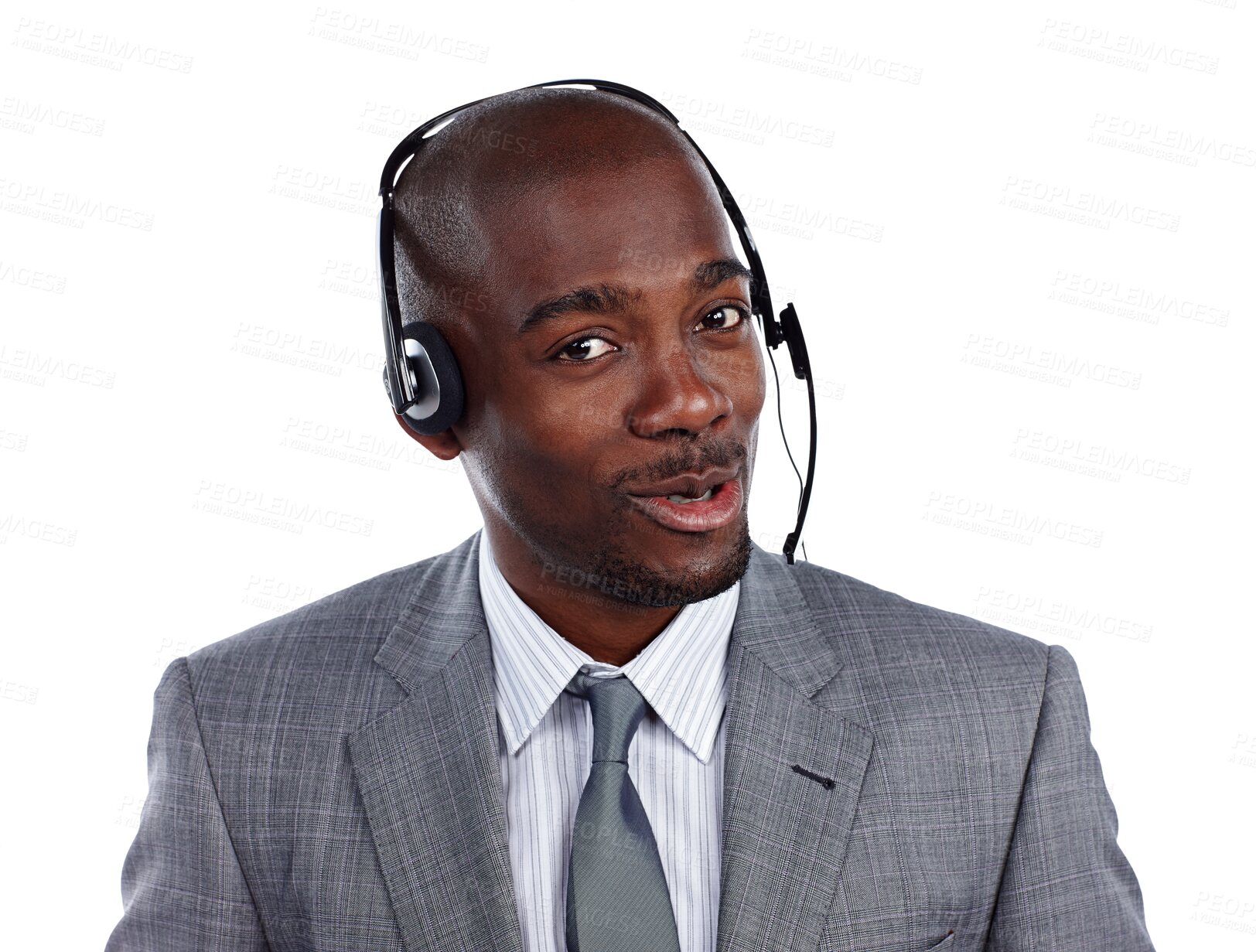 Buy stock photo Call center, black man and portrait for communication, customer service help and CRM questions isolated on transparent png background. Telemarketing salesman, IT consultant or microphone for telecom