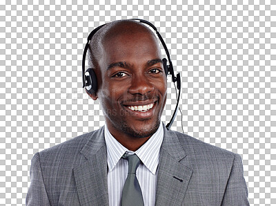 Buy stock photo Man, portrait and headset for phone call at telemarketing office for customer service, advice job or isolated on transparent png background. Black person, face and smile for sales, consulting or help