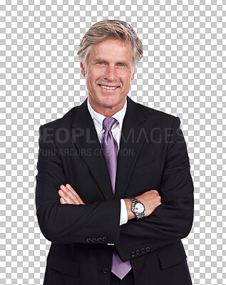 Buy stock photo Mature, businessman and portrait smile for confident company mission, ceo success for development growth. Male person, face and corporate boss or arms crossed, isolated transparent png as background