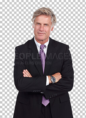 Buy stock photo Portrait, business man and ceo with arms crossed isolated on a transparent png background. Face, confident and mature professional entrepreneur, corporate executive and financial consultant in Canada