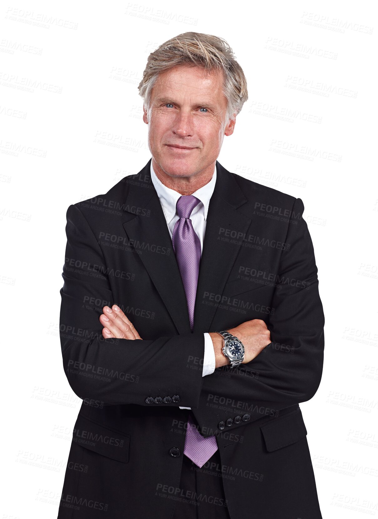 Buy stock photo Portrait, business man and ceo with arms crossed isolated on a transparent png background. Face, confident and mature professional entrepreneur, corporate executive and financial consultant in Canada