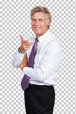 Buy stock photo Business man, pointing and portrait for management trust in employee, boss as company ceo. Mature, male person and positive hand gesture for corporate growth, isolated transparent png as background