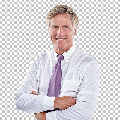 Buy stock photo Executive, businessman and portrait smile for confident company vision, ceo success or development growth. Male person, face and corporate boss or arms crossed, isolated transparent png as background