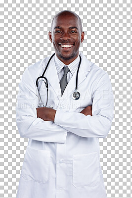 Buy stock photo Black man, portrait and doctor with arms crossed for healthcare services, professional consulting or isolated on transparent png background. Happy surgeon, expert therapist and trust for medical help