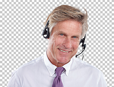 Buy stock photo Man, portrait and headset for call centre telemarketing or customer service, advice or isolated on transparent png background. Male person, face and sales talking or consulting career, help as agent