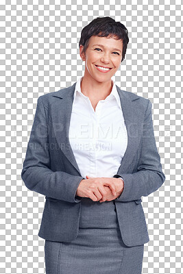 Buy stock photo Mature, confident and portrait of business woman isolated on transparent png background with smile. Happy businesswoman, office manager or professional person with executive career, trust and pride.