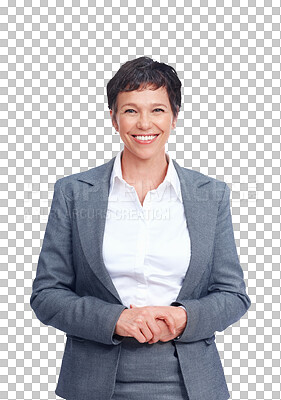 Buy stock photo Business, smile and portrait of mature woman isolated on transparent png background with confidence. Happy businesswoman, office manager or professional person with executive career, face and pride.