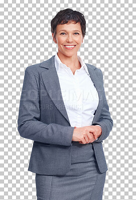 Buy stock photo Smile, confidence and portrait of mature businesswoman isolated on transparent png background. Happy business woman, office manager or professional person in executive career, trust and pride at job.