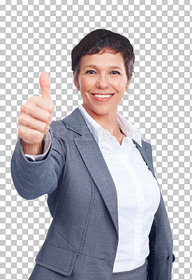 Buy stock photo Professional, thumbs up and portrait of mature woman isolated on transparent png background with smile. Happy businesswoman, office manager or business person with thank you, agreement and gratitude.