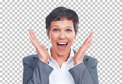 Buy stock photo Business, surprise and portrait of mature woman isolated on transparent png background with smile at news. Happy businesswoman, office manager or professional person with wow, shock and excited face.