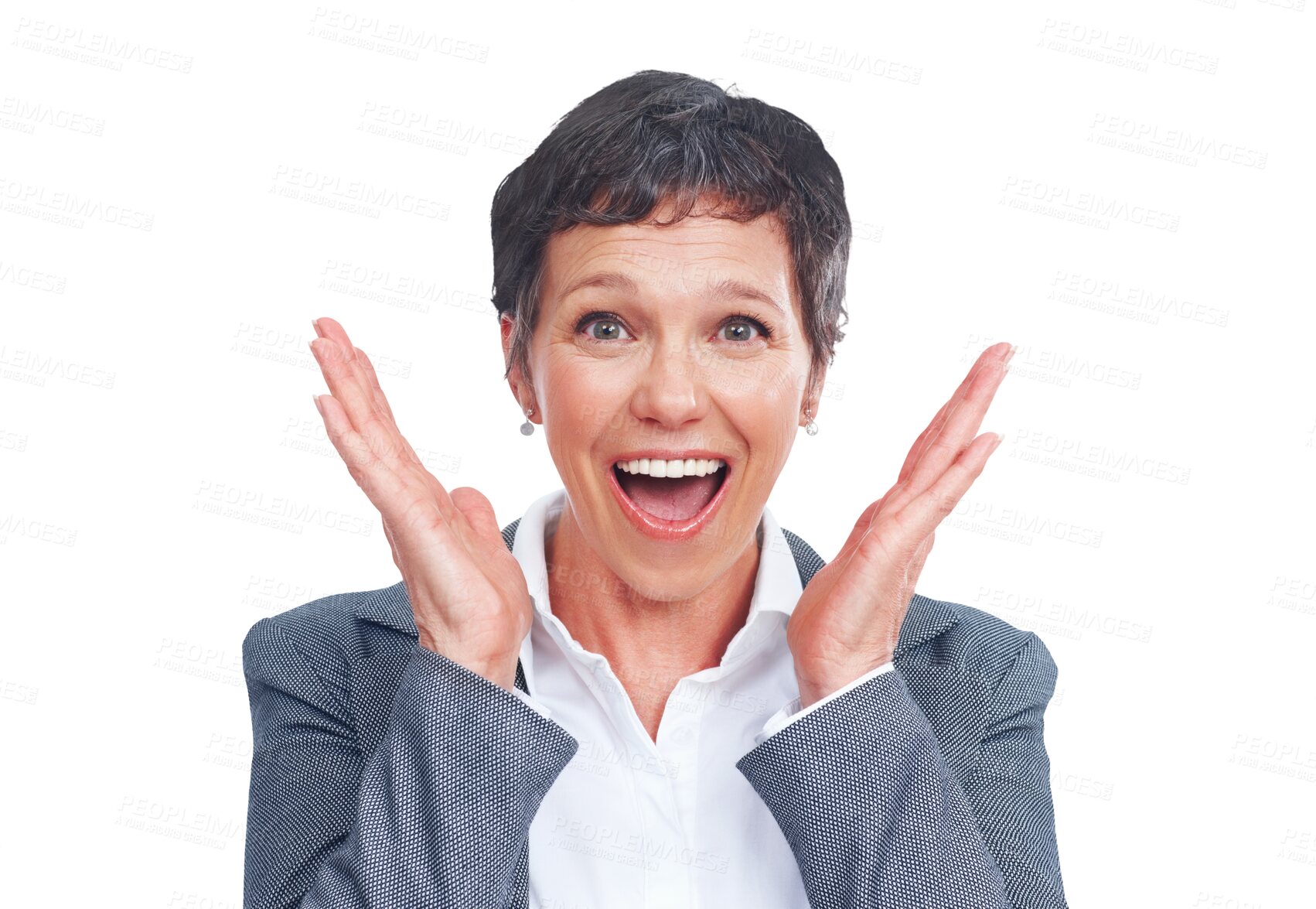 Buy stock photo Business, surprise and portrait of mature woman isolated on transparent png background with smile at news. Happy businesswoman, office manager or professional person with wow, shock and excited face.