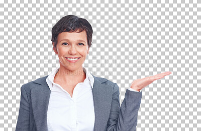 Buy stock photo Business, pointing and portrait of mature woman isolated on transparent png background with smile. Happy businesswoman, office manager or professional with executive career, presentation and pride.