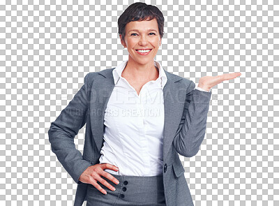 Buy stock photo Portrait, presentation and palm of a business woman isolated on transparent background for an offer. Smile, management and a happy mature CEO in a suit on PNG for advertising, marketing or promotion