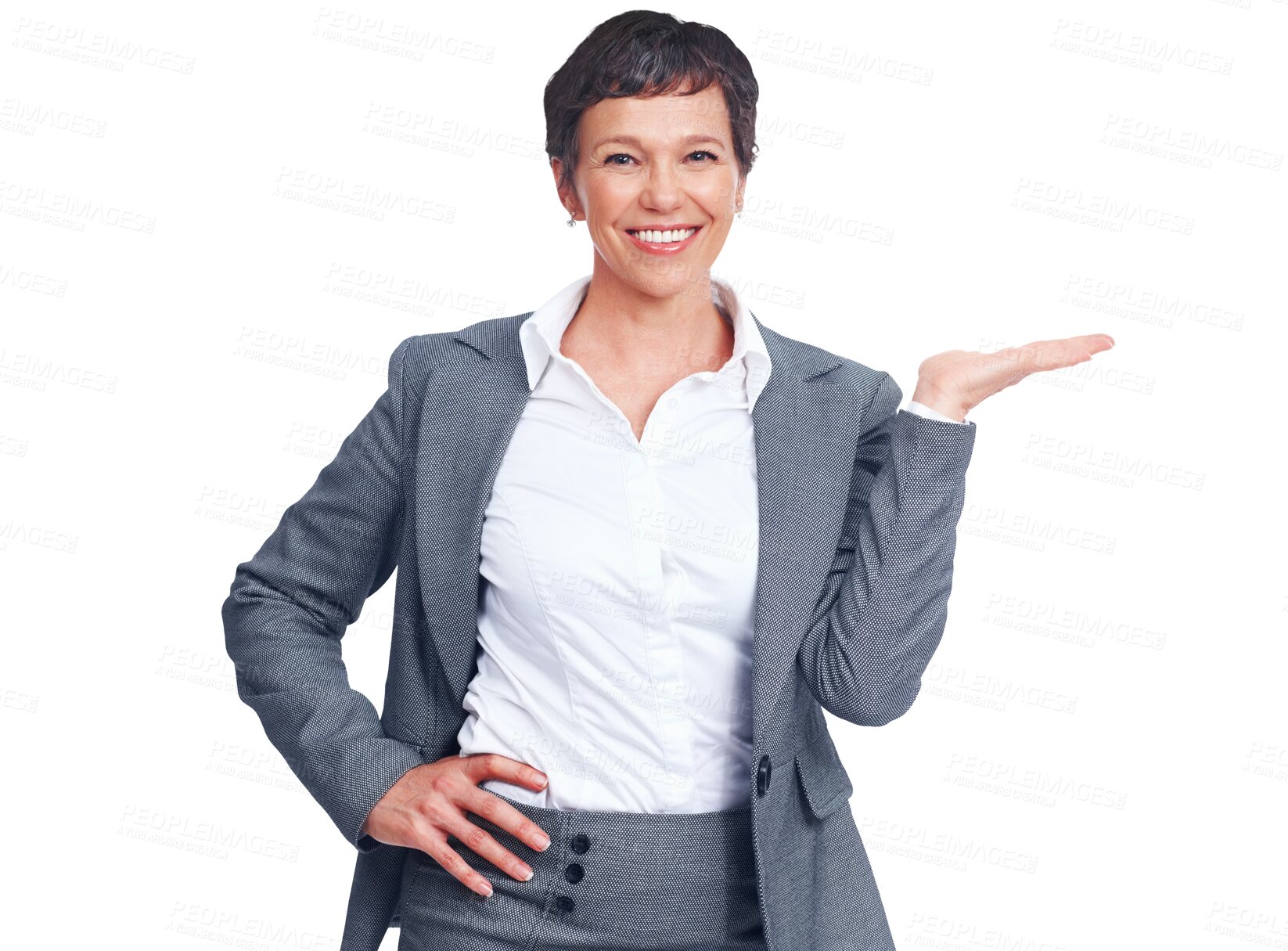 Buy stock photo Portrait, presentation and palm of a business woman isolated on transparent background for an offer. Smile, management and a happy mature CEO in a suit on PNG for advertising, marketing or promotion