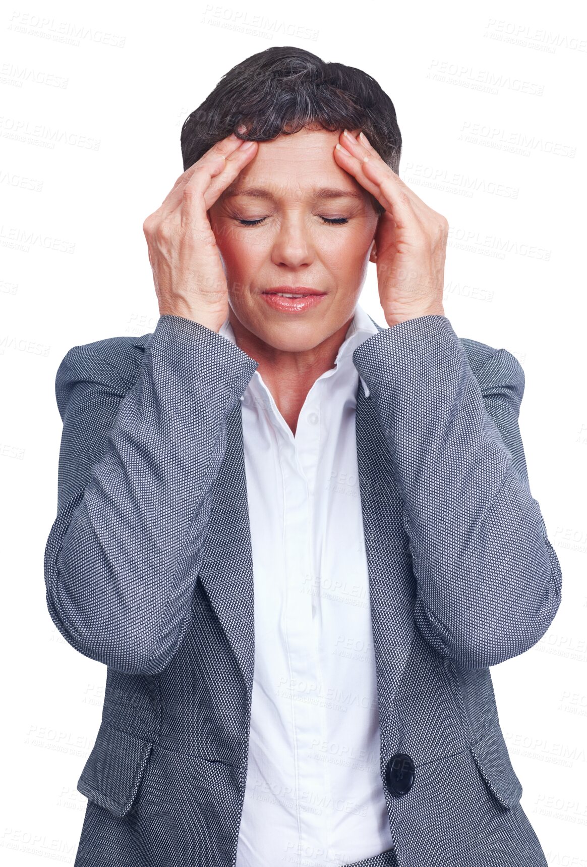 Buy stock photo Business, headache and frustrated mature woman isolated on transparent png background with stress. Businesswoman, office manager or professional person with anxiety, burnout or pain in mental health