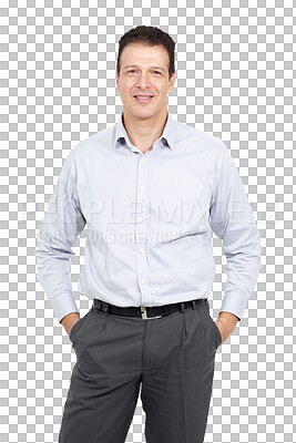 Buy stock photo Portrait, corporate and a professional business man isolated on a transparent background for work. Confident, career and job with a mature employee on PNG for experience in company management