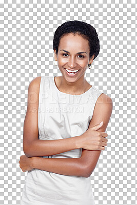 Buy stock photo Smile, crossed arms and portrait of business woman with positive, good and confident attitude. Happy, professional and female person from Colombia with fashion isolated by transparent png background.