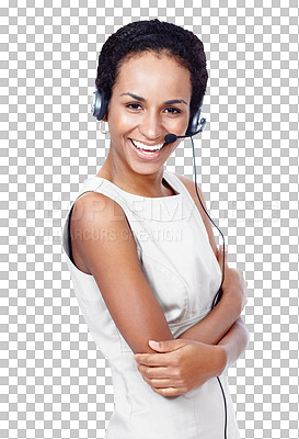 Buy stock photo Happy, call center and portrait of woman consultant with positive, good and confident attitude. Smile, crm and female customer service agent with headset isolated by transparent png background.