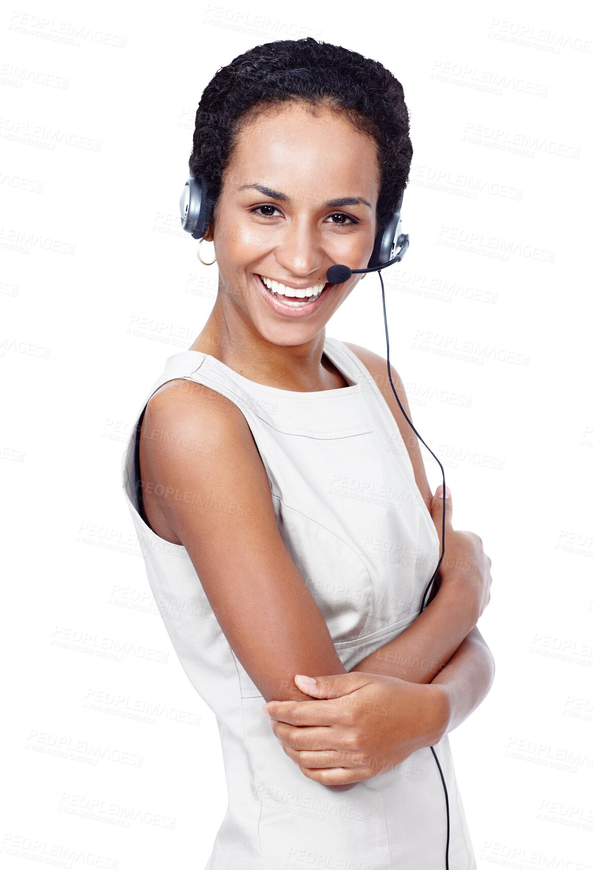 Buy stock photo Happy, call center and portrait of woman consultant with positive, good and confident attitude. Smile, crm and female customer service agent with headset isolated by transparent png background.