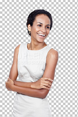 Buy stock photo Happy, crossed arms and portrait of business woman with positive, good and confident attitude. Smile, professional and female person from Colombia with fashion isolated by transparent png background.