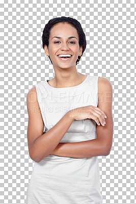 Buy stock photo Confident, crossed arms and portrait of business woman with positive, good and happy attitude. Smile, professional and female person from Colombia with fashion isolated by transparent png background.