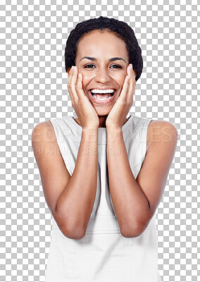 Buy stock photo Portrait, wow and success with a business woman isolated on a transparent background for good news. Smile, surprise and the reaction of happy young person to a bonus, promotion or achievement on PNG