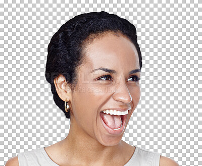 Buy stock photo Woman, laughing and achievement with winner for sale, bonus and good news with discount deal. Model, excited and announcement with celebration for prize and isolated on transparent png background