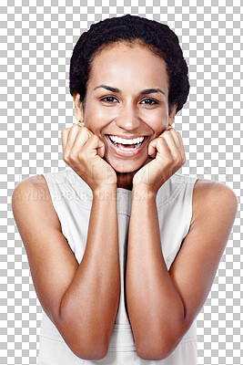 Buy stock photo Portrait, wow and excited with a business woman isolated on transparent background for good news. Success, surprise and reaction of a happy young person to a bonus, promotion or achievement on PNG