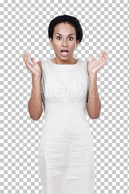 Buy stock photo Business, woman and portrait with wow or surprised for announcement isolated on png transparent background. Entrepreneur, person and shocked face for news, surprise or gossip with emoji and drama