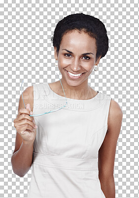 Buy stock photo Portrait, smile and glasses with a business woman isolated on transparent background for company vision. Corporate, happy and a confident young employee with eyewear on PNG for a professional career