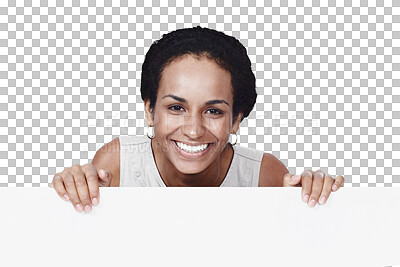 Buy stock photo Portrait, smile and woman with promotion, billboard and opportunity isolated on transparent background. Face, person and model with a poster, png and information with decision, choice or presentation