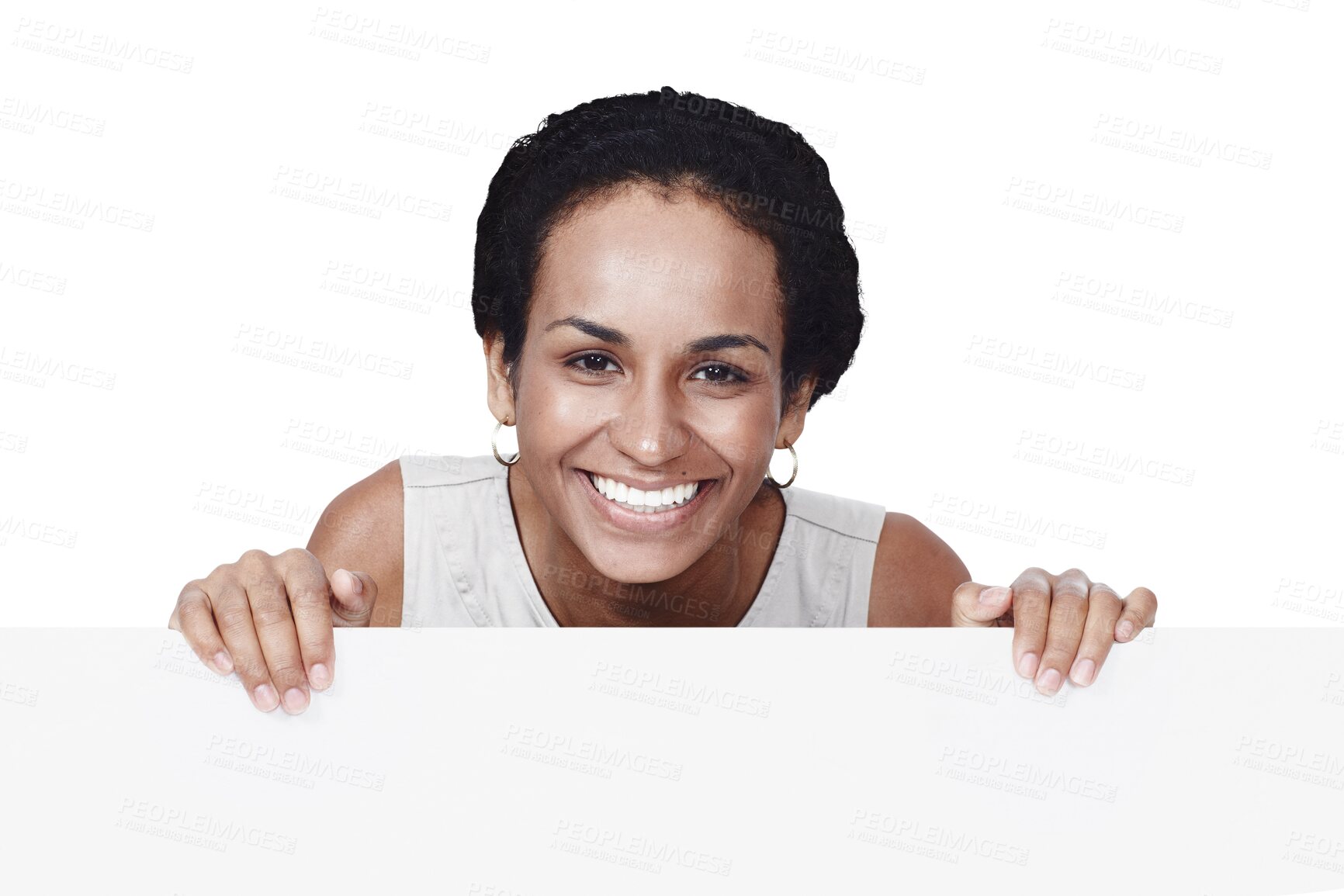 Buy stock photo Portrait, smile and woman with promotion, billboard and opportunity isolated on transparent background. Face, person and model with a poster, png and information with decision, choice or presentation