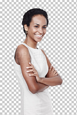 Buy stock photo Smile, crossed arms and young business woman with positive, good and confident attitude. Happy, professional and female person from Colombia with fashion isolated by transparent png background.