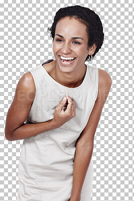 Buy stock photo Happy woman, laughing and funny joke for comedy or humor isolated on a transparent PNG background. Female person, business employee or model smile and laugh in formal fashion or clothing for meme